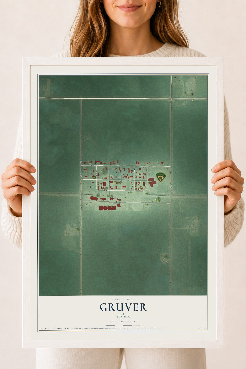 Map of Gruver, Iowa, 18 x 24 inch print in a white wood frame