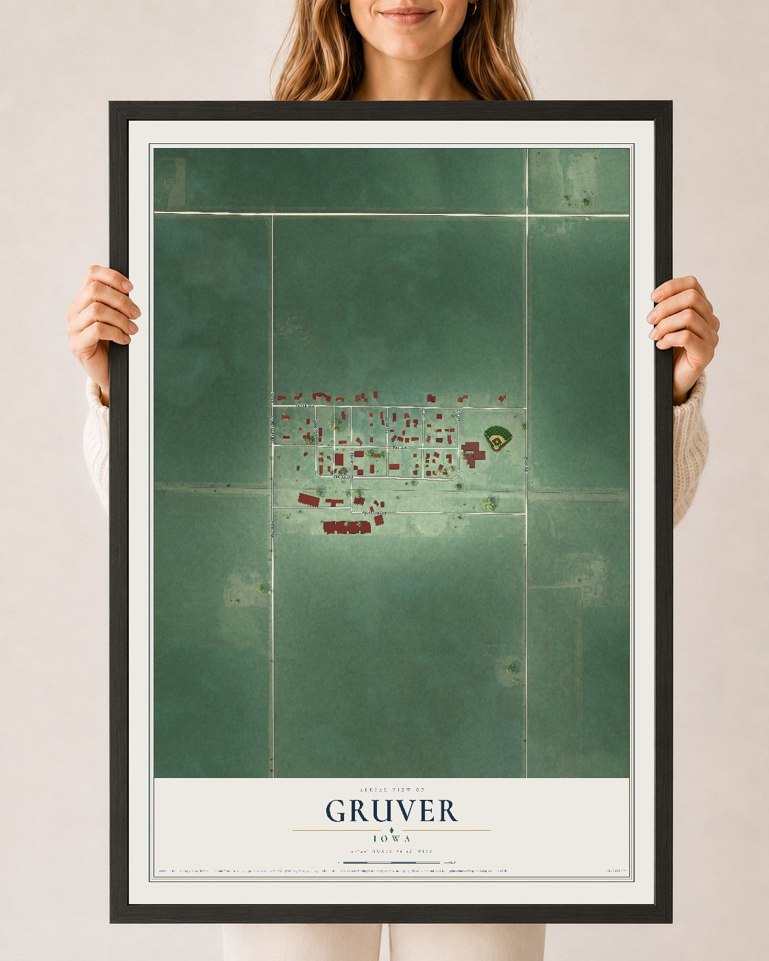 Map of Gruver, Iowa, 24 x 36 inch print in a black wood frame