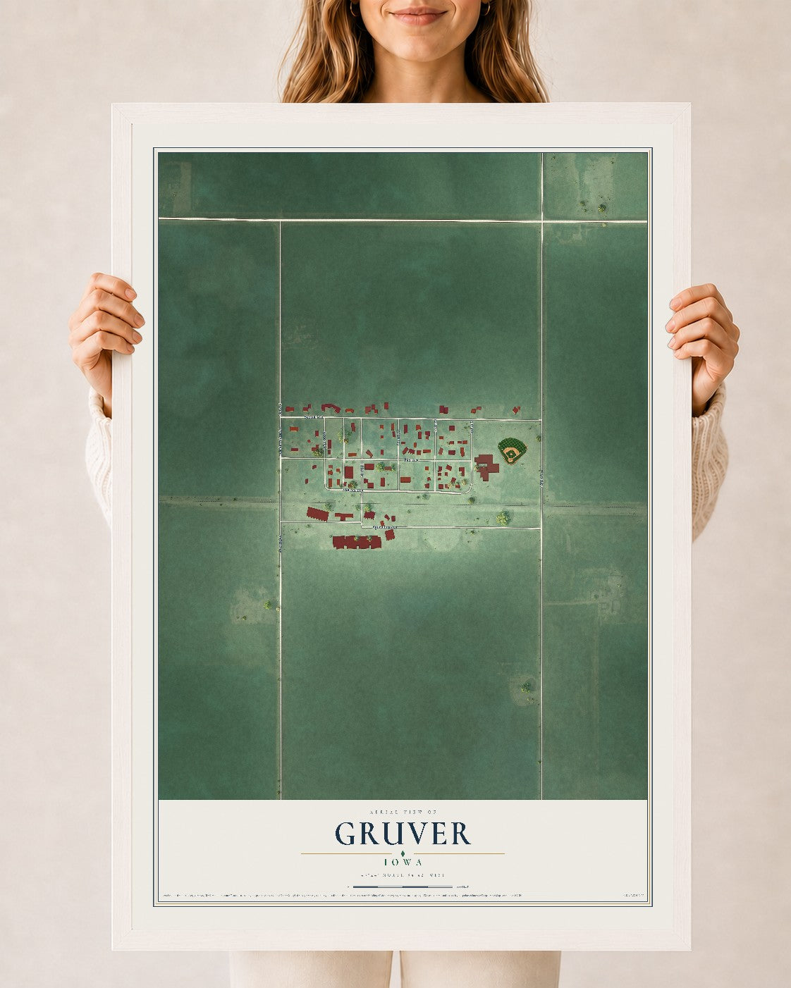 Map of Gruver, Iowa, 24 x 36 inch print in a white wood frame