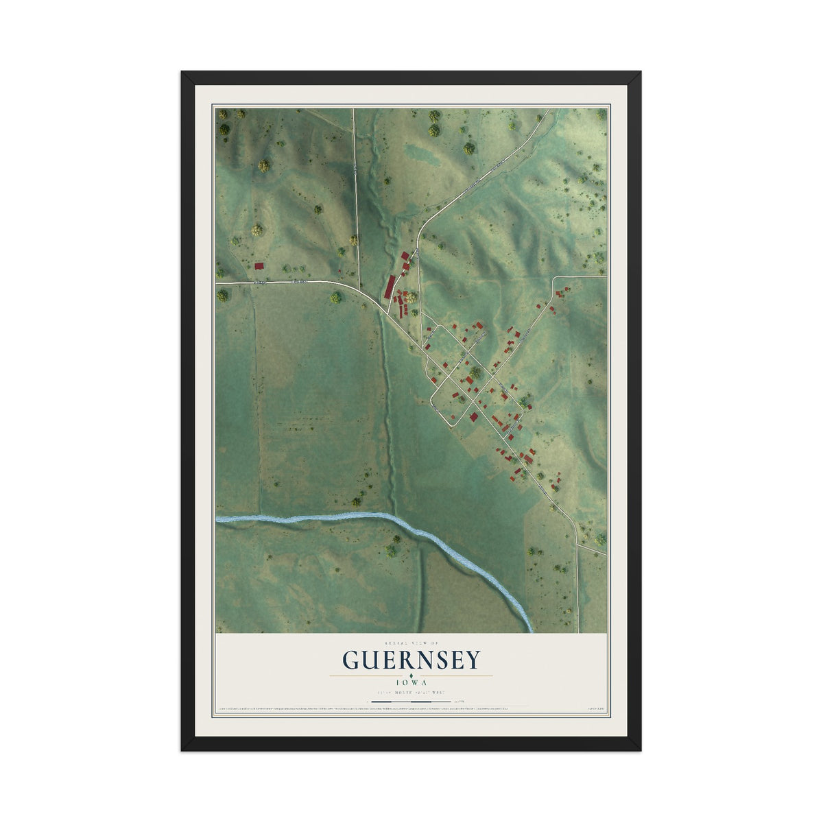 Map of Guernsey, Iowa, 12 x 18 inch print in a black wood frame