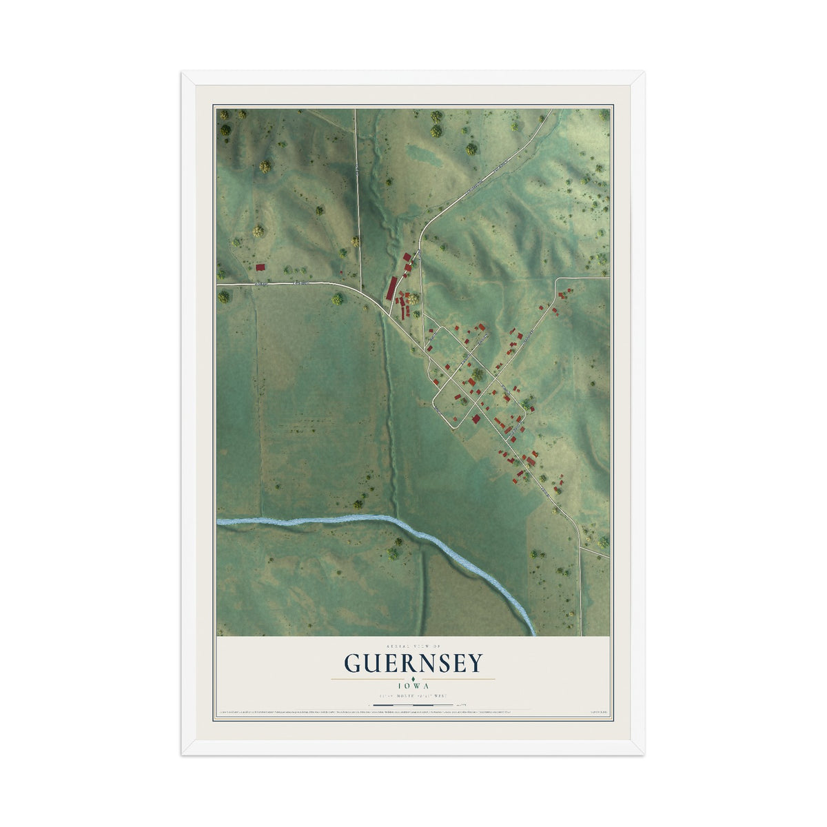Map of Guernsey, Iowa, 12 x 18 inch print in a white wood frame