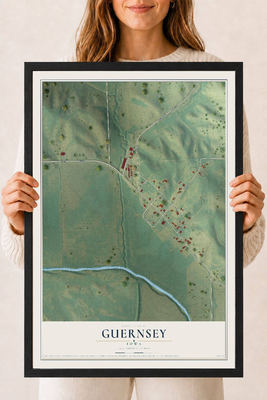 Map of Guernsey, Iowa, 18 x 24 inch print in a black wood frame