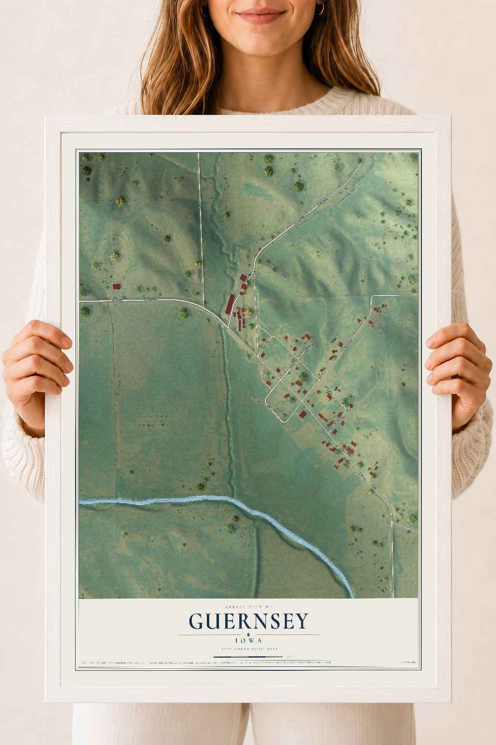 Map of Guernsey, Iowa, 18 x 24 inch print in a white wood frame