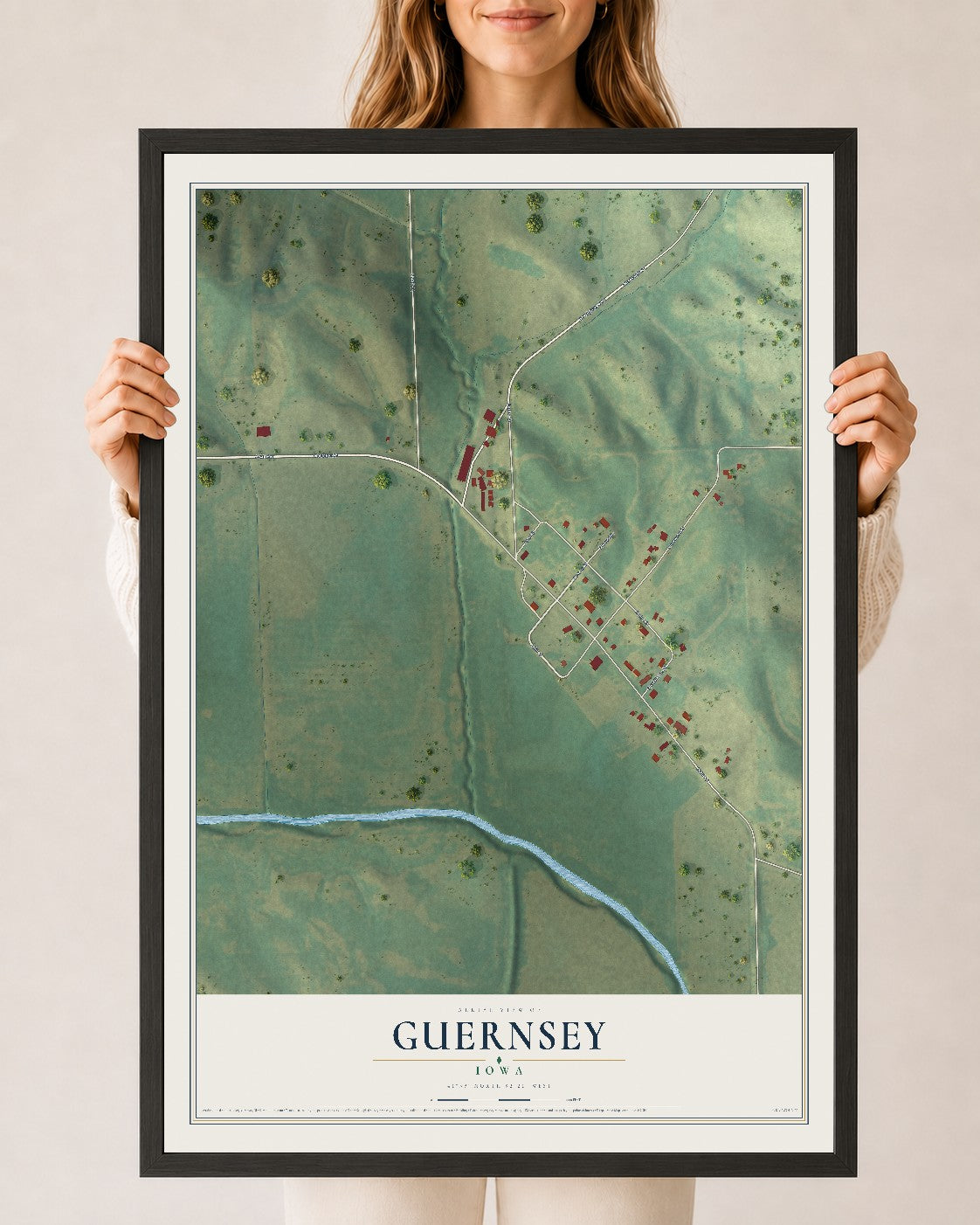 Map of Guernsey, Iowa, 24 x 36 inch print in a black wood frame