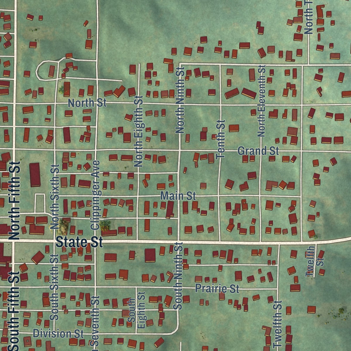 Close-up of the map of Guthrie Center, Iowa print showing street and building detail