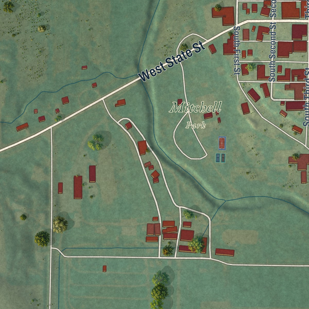 Second close-up of the map of Guthrie Center, Iowa print showing more streets and buildings