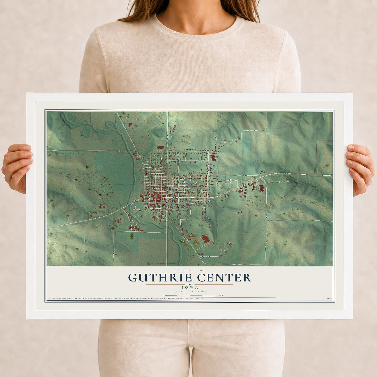 Map of Guthrie Center, Iowa, 12 x 18 inch print in a white wood frame
