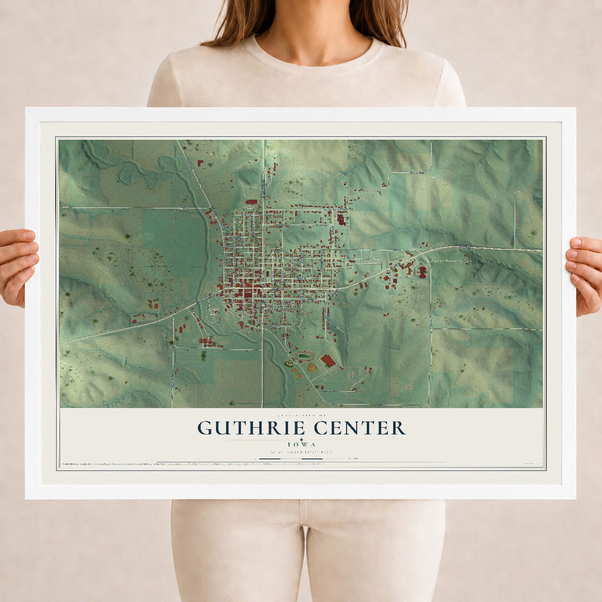 Map of Guthrie Center, Iowa, 18 x 24 inch print in a white wood frame