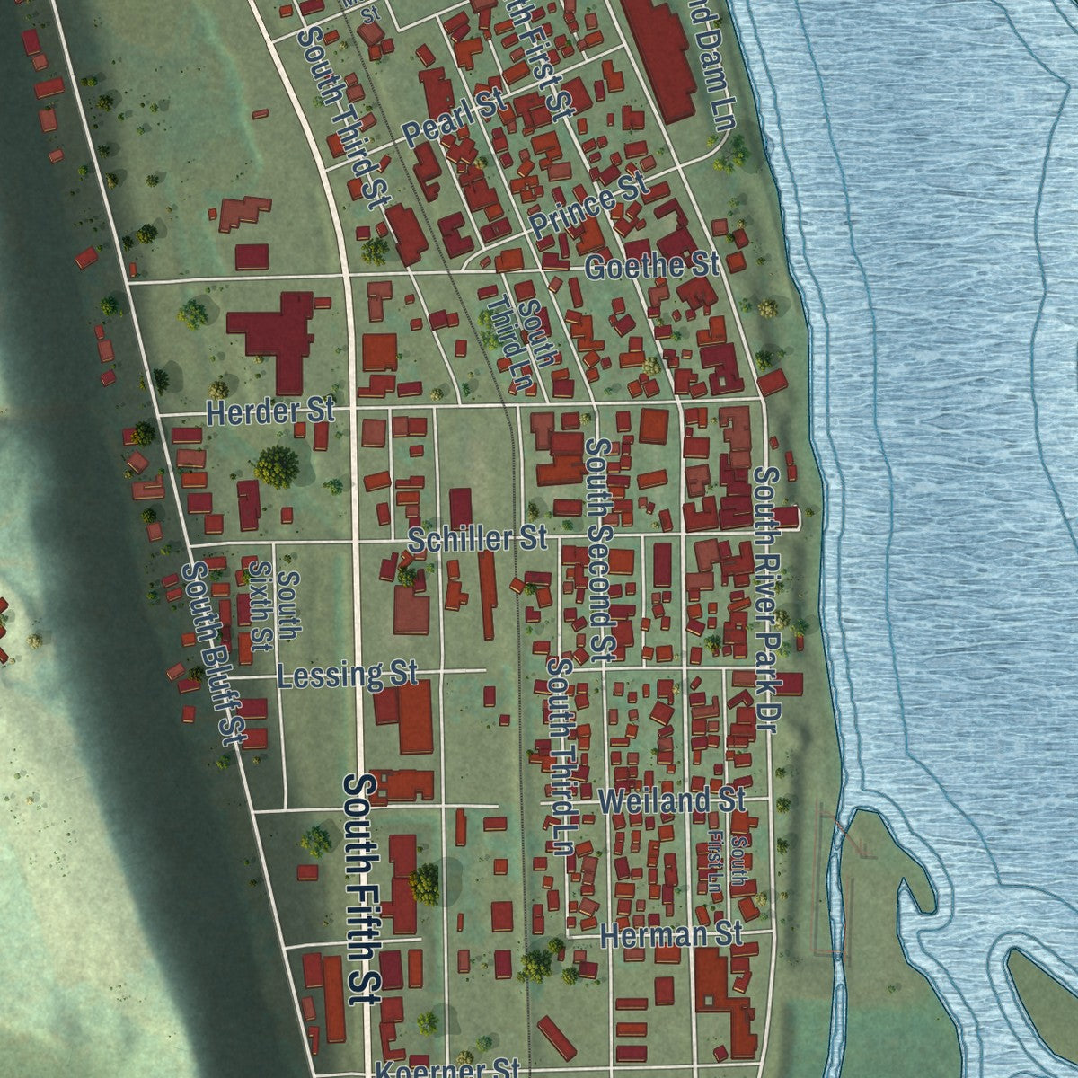 Close-up of the map of Guttenberg, Iowa print showing street and building detail