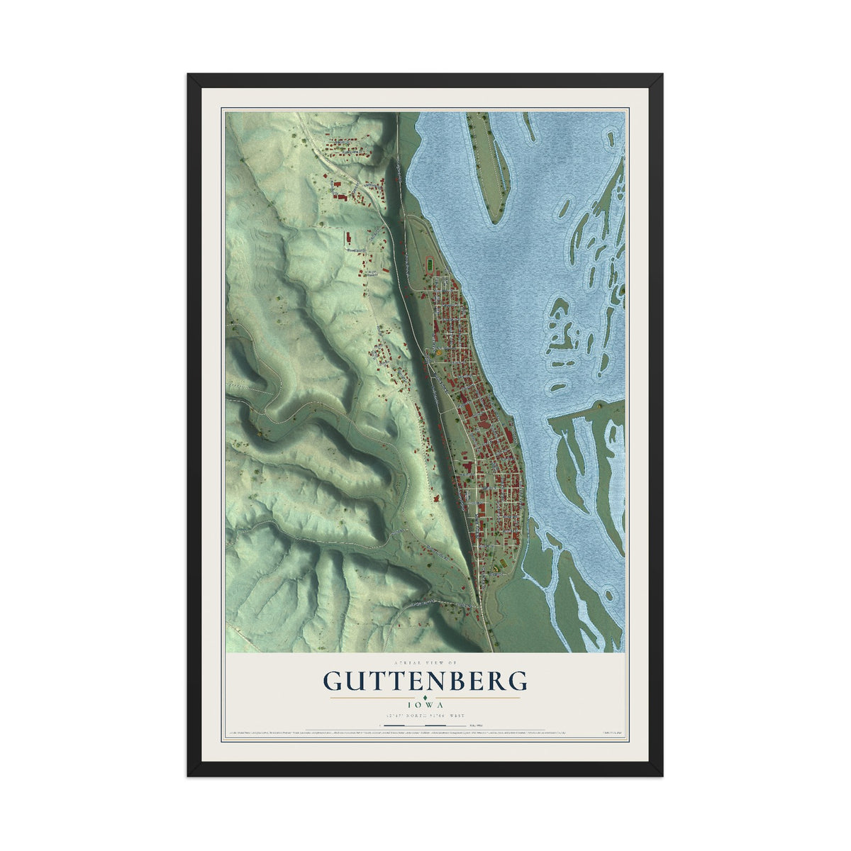 Map of Guttenberg, Iowa, 12 x 18 inch print in a black wood frame