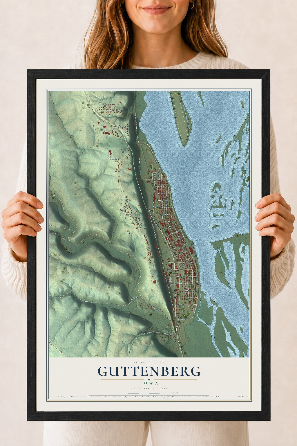 Map of Guttenberg, Iowa, 18 x 24 inch print in a black wood frame