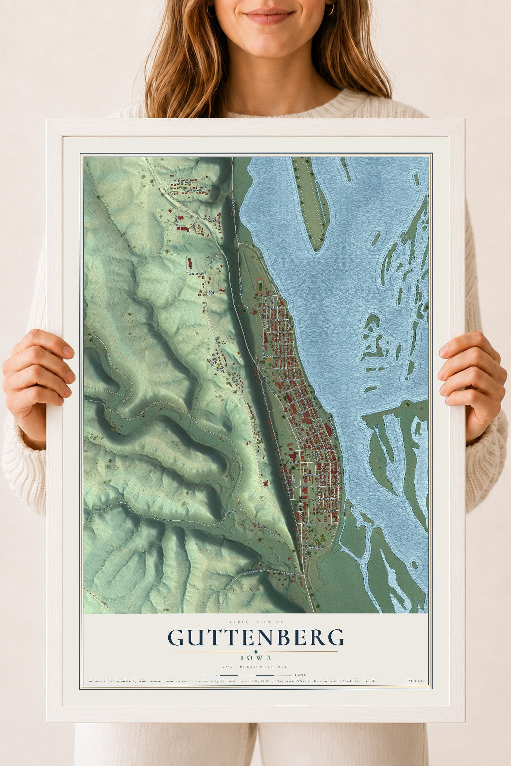 Map of Guttenberg, Iowa, 18 x 24 inch print in a white wood frame