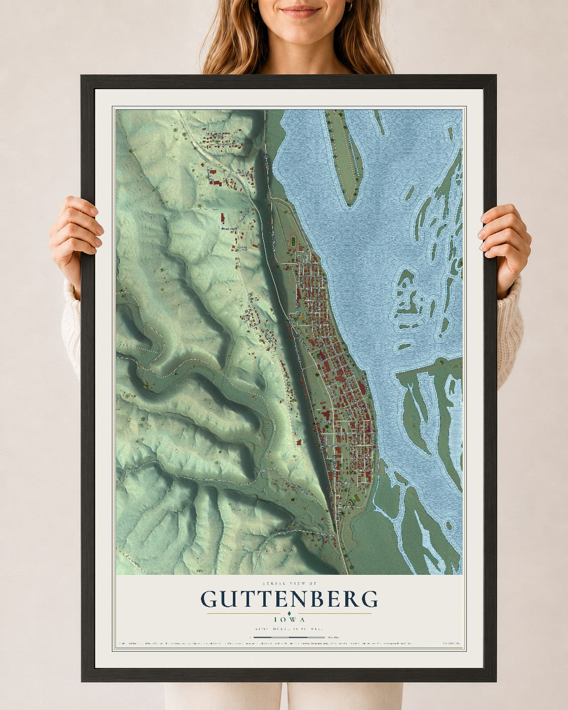 Map of Guttenberg, Iowa, 24 x 36 inch print in a black wood frame