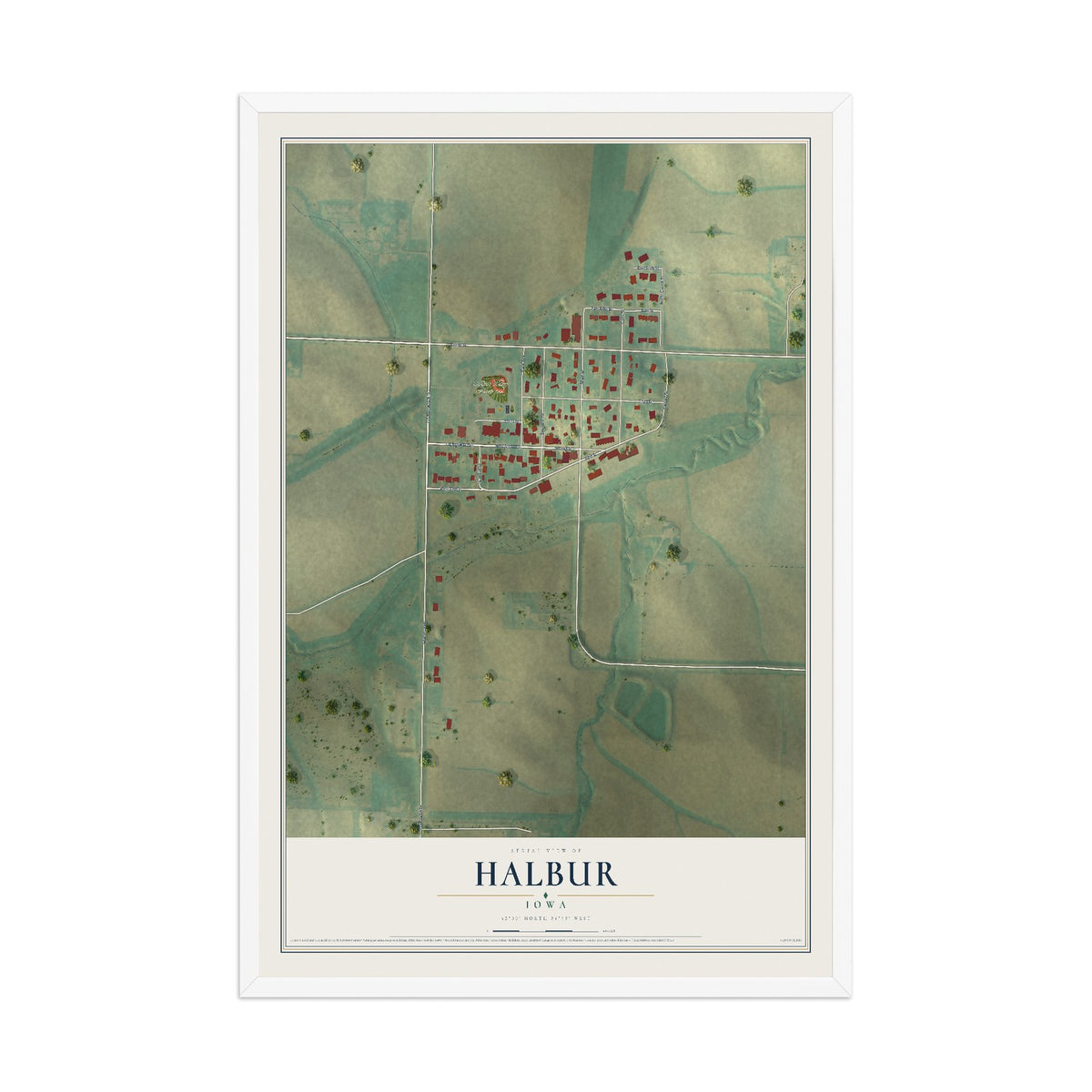 Map of Halbur, Iowa, 12 x 18 inch print in a white wood frame