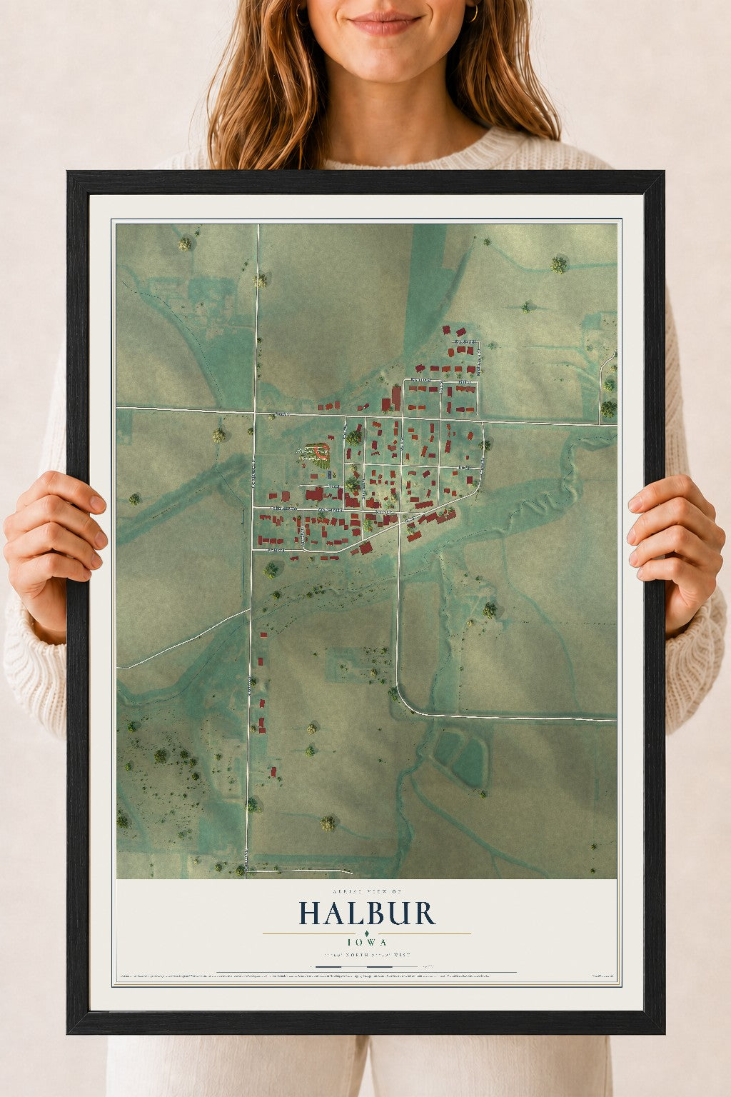 Map of Halbur, Iowa, 18 x 24 inch print in a black wood frame