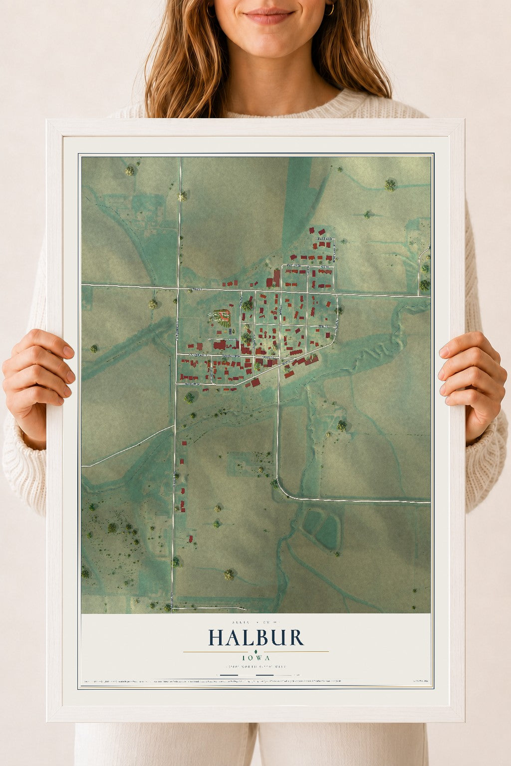 Map of Halbur, Iowa, 18 x 24 inch print in a white wood frame