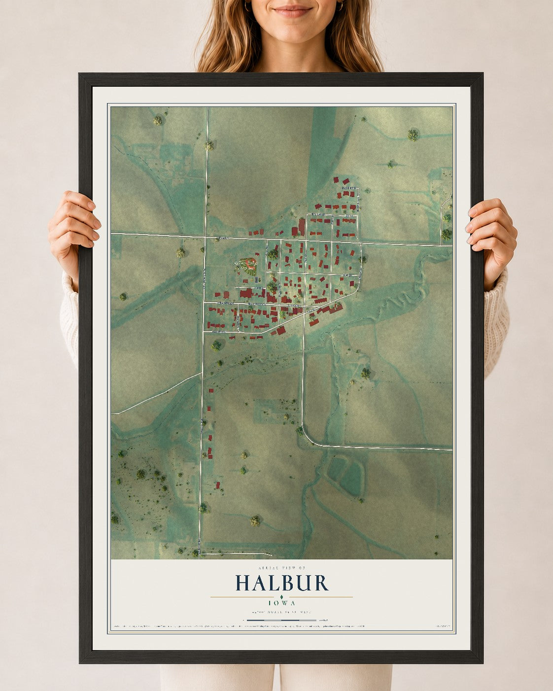 Map of Halbur, Iowa, 24 x 36 inch print in a black wood frame