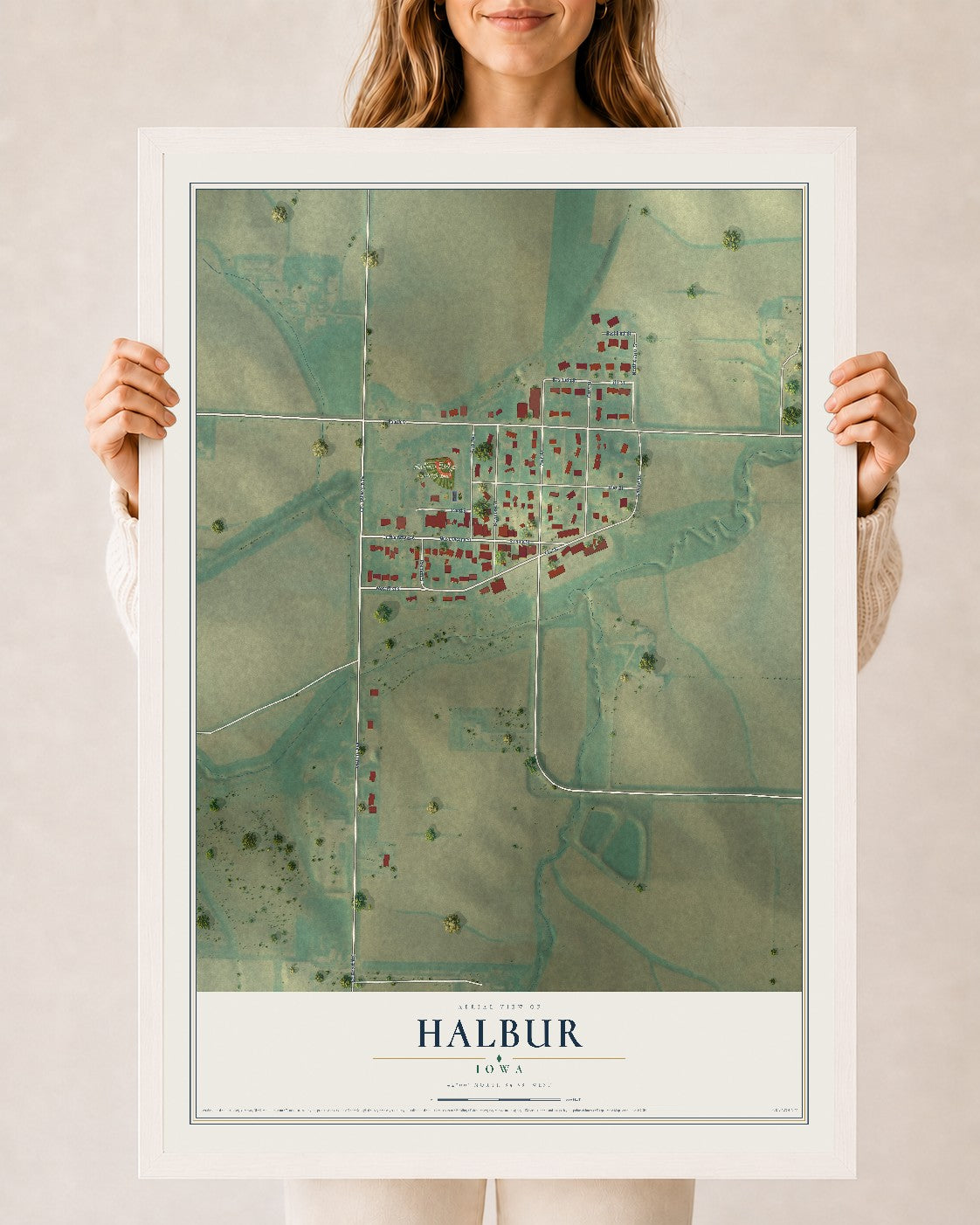 Map of Halbur, Iowa, 24 x 36 inch print in a white wood frame