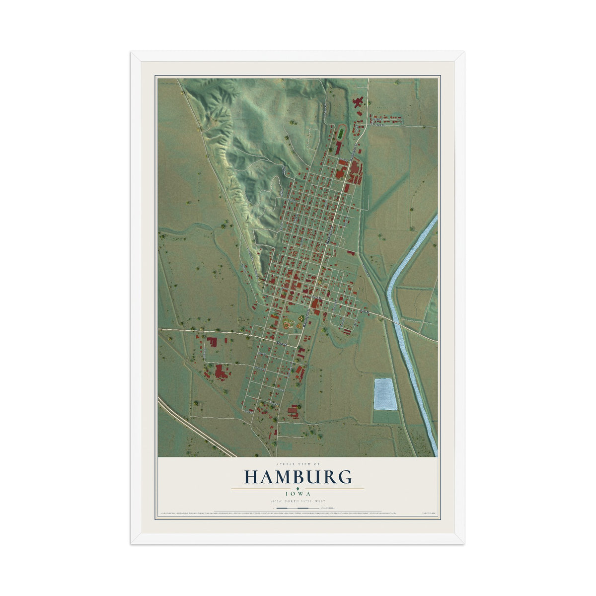 Map of Hamburg, Iowa, 12 x 18 inch print in a white wood frame