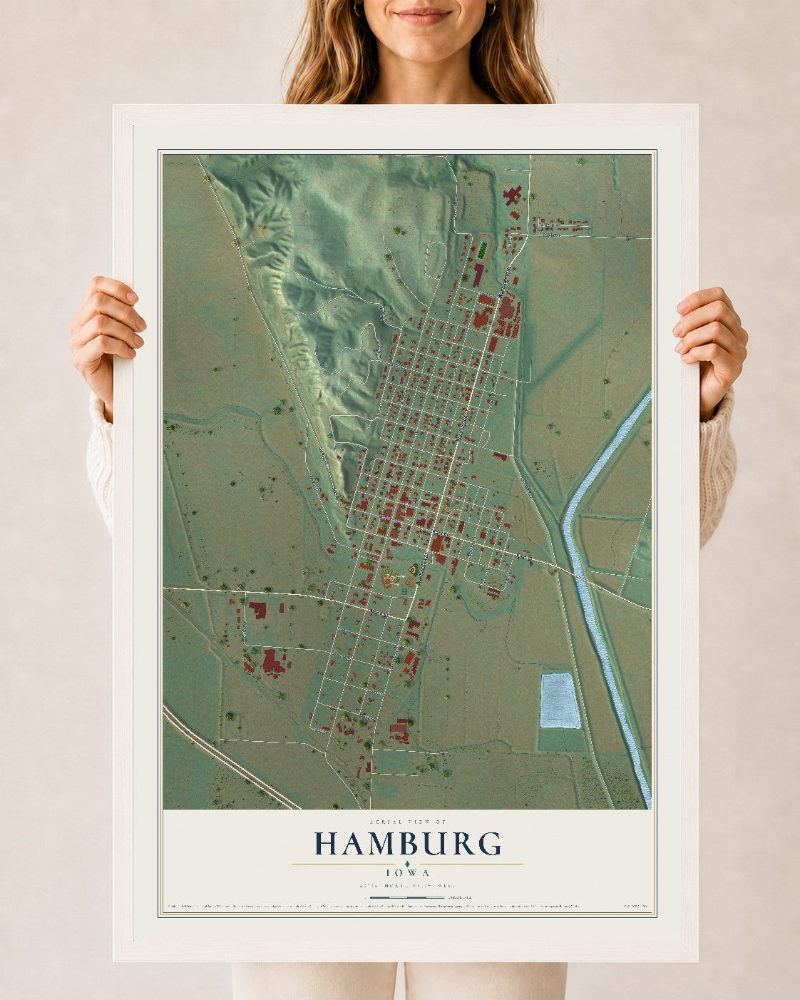 Map of Hamburg, Iowa, 24 x 36 inch print in a white wood frame