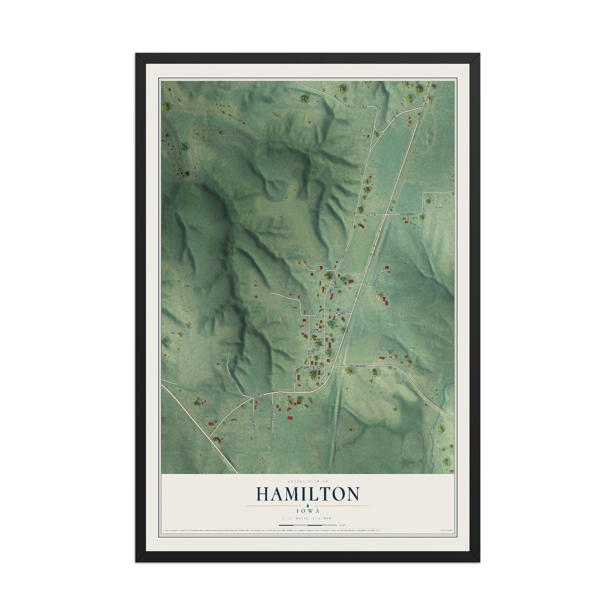 Map of Hamilton, Iowa, 12 x 18 inch print in a black wood frame