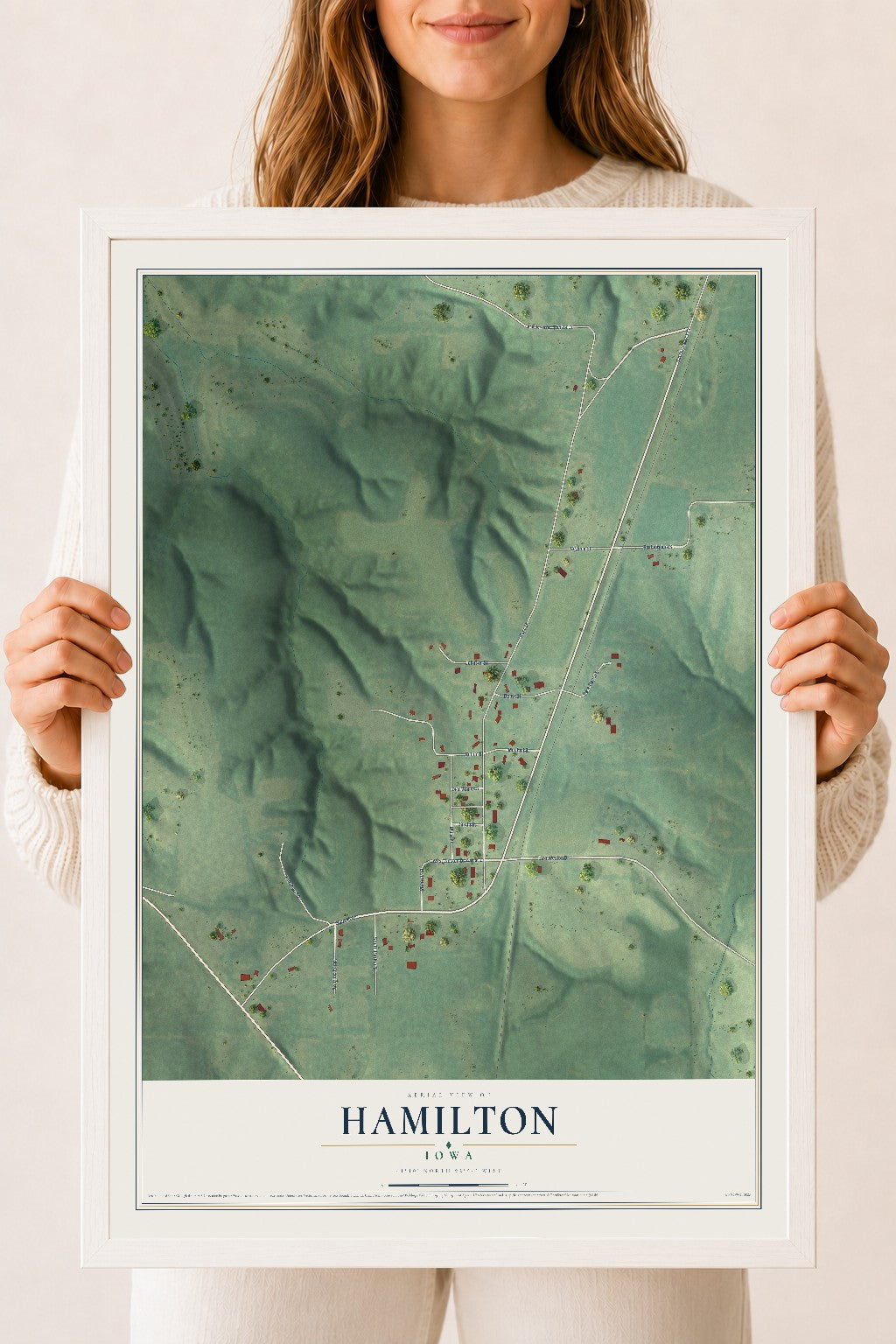 Map of Hamilton, Iowa, 18 x 24 inch print in a white wood frame