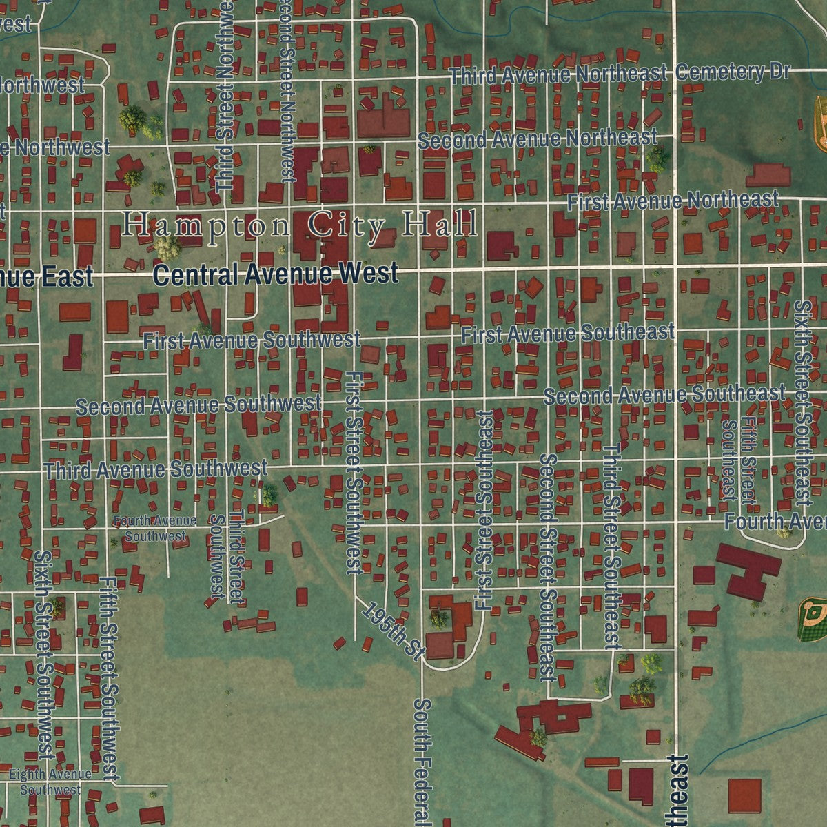 Close-up of the map of Hampton, Iowa print showing street and building detail