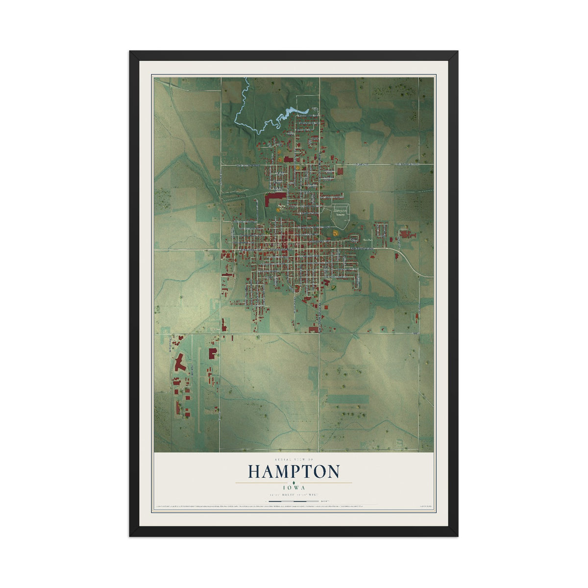 Map of Hampton, Iowa, 12 x 18 inch print in a black wood frame