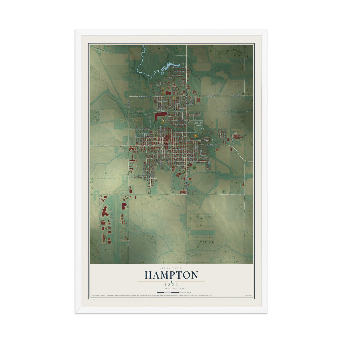 Map of Hampton, Iowa, 12 x 18 inch print in a white wood frame