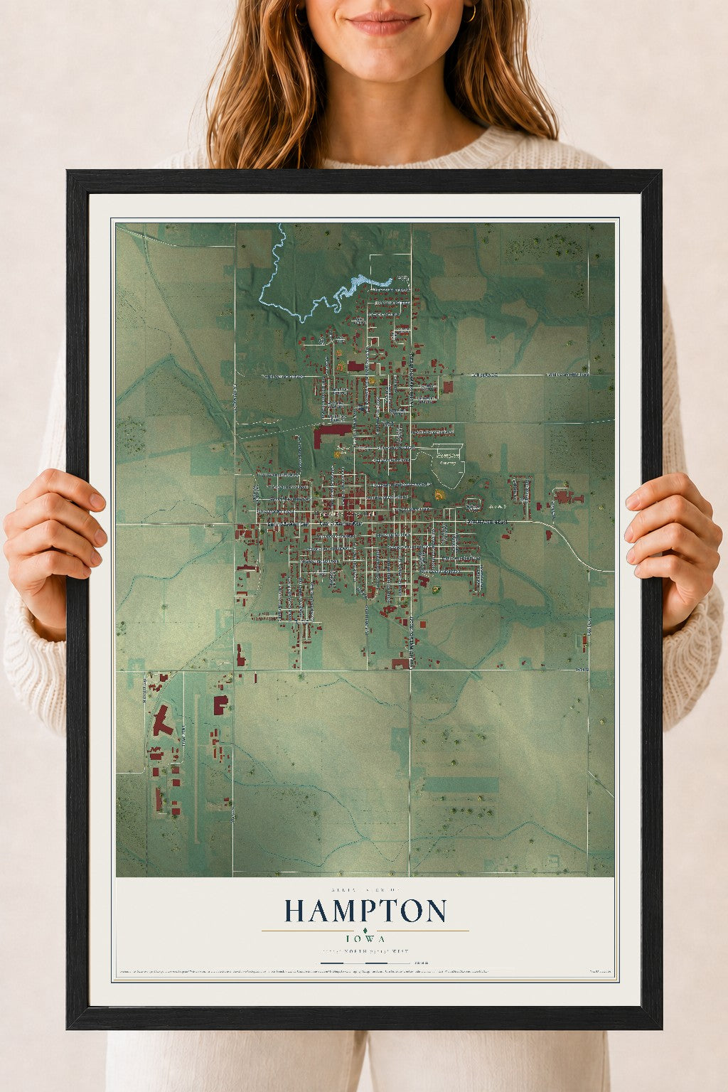 Map of Hampton, Iowa, 18 x 24 inch print in a black wood frame