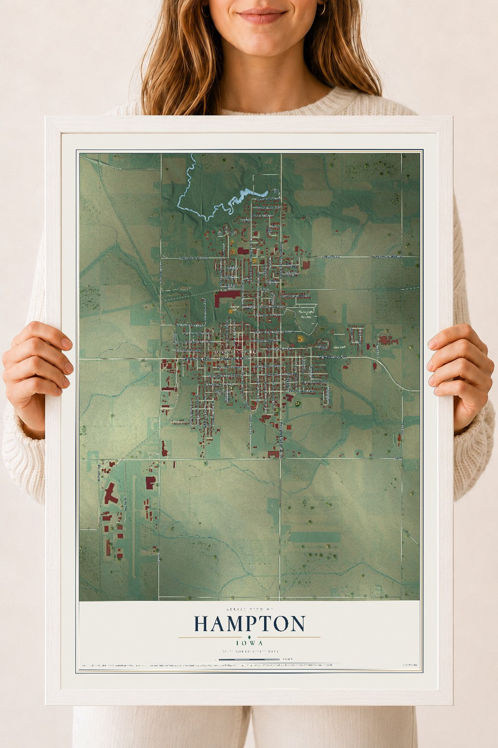 Map of Hampton, Iowa, 18 x 24 inch print in a white wood frame