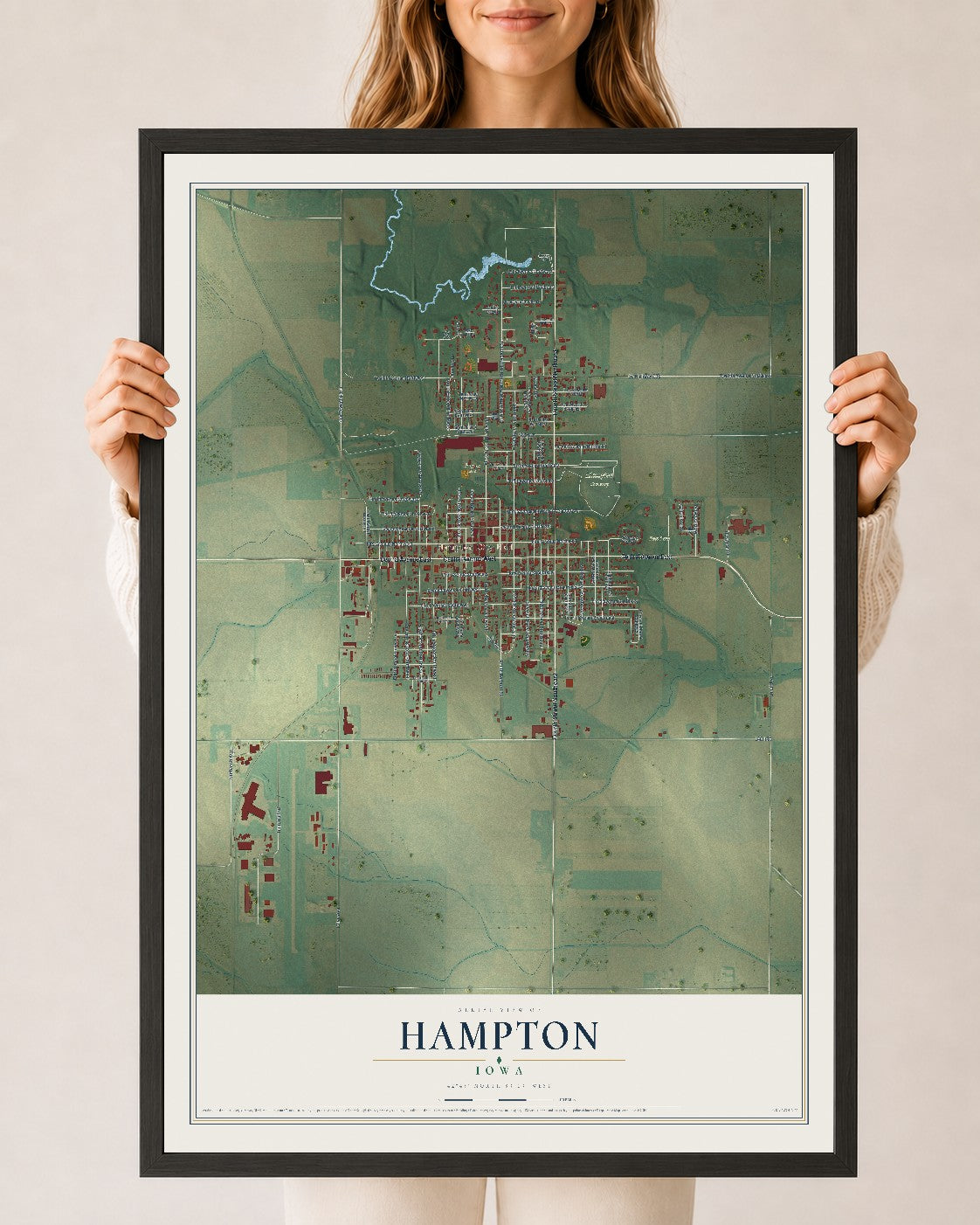 Map of Hampton, Iowa, 24 x 36 inch print in a black wood frame