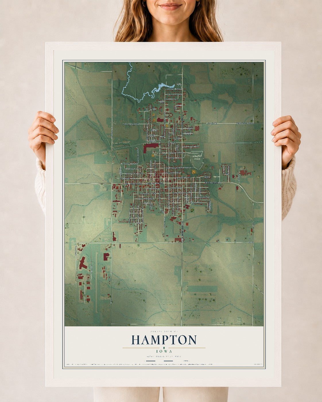Map of Hampton, Iowa, 24 x 36 inch print in a white wood frame