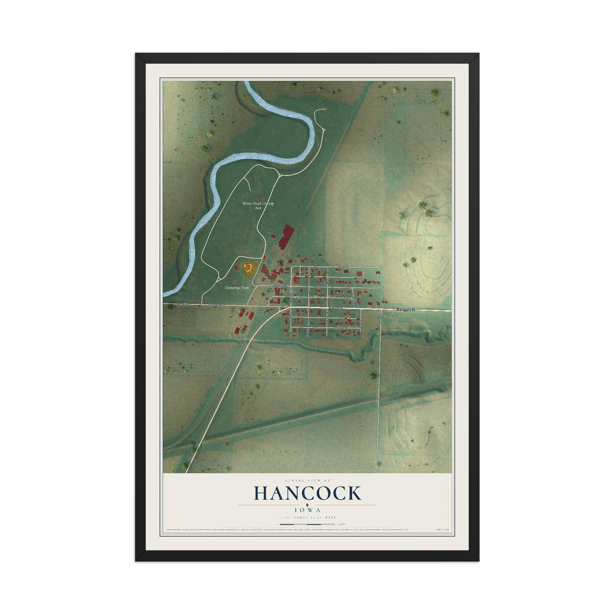 Map of Hancock, Iowa, 12 x 18 inch print in a black wood frame