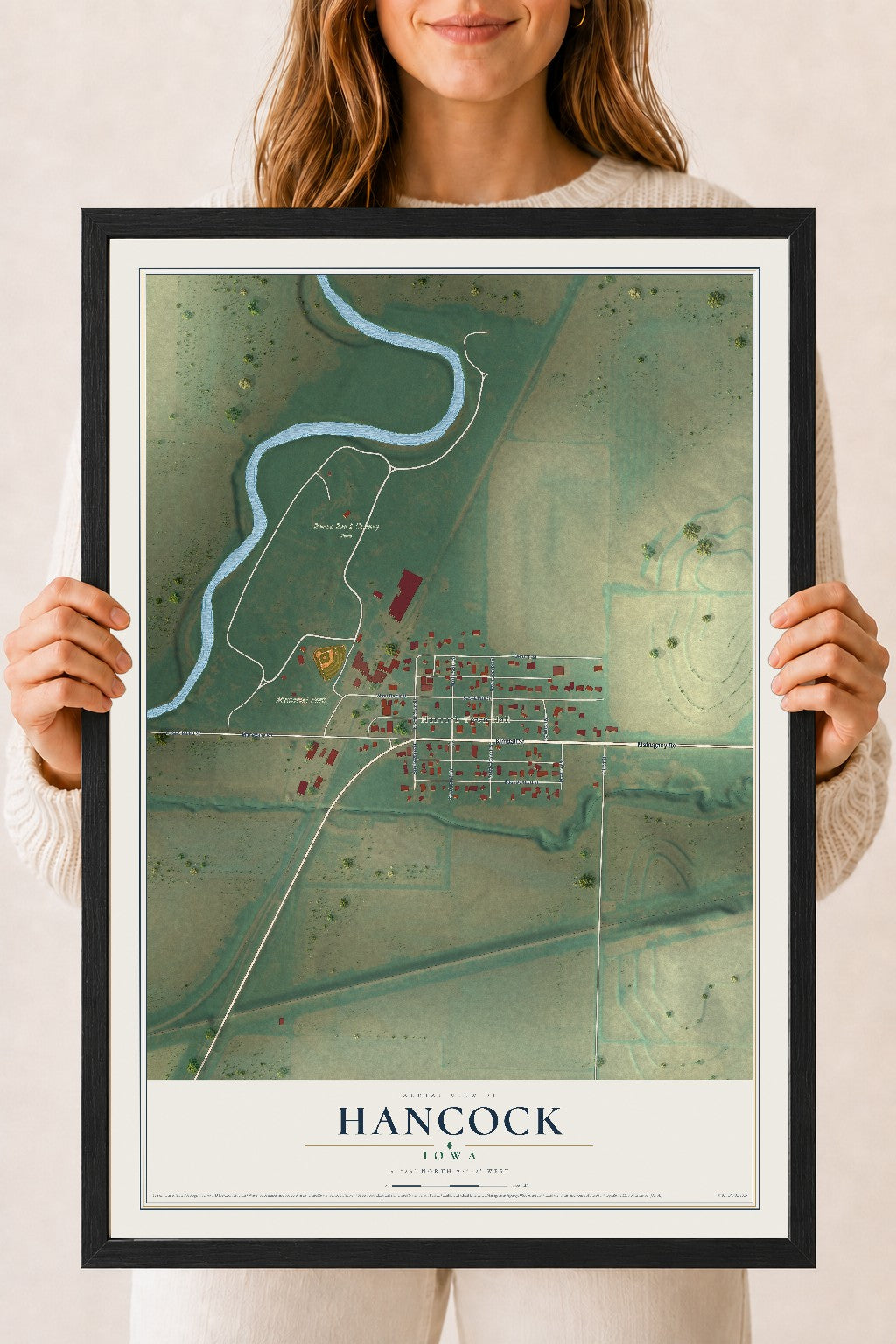 Map of Hancock, Iowa, 18 x 24 inch print in a black wood frame