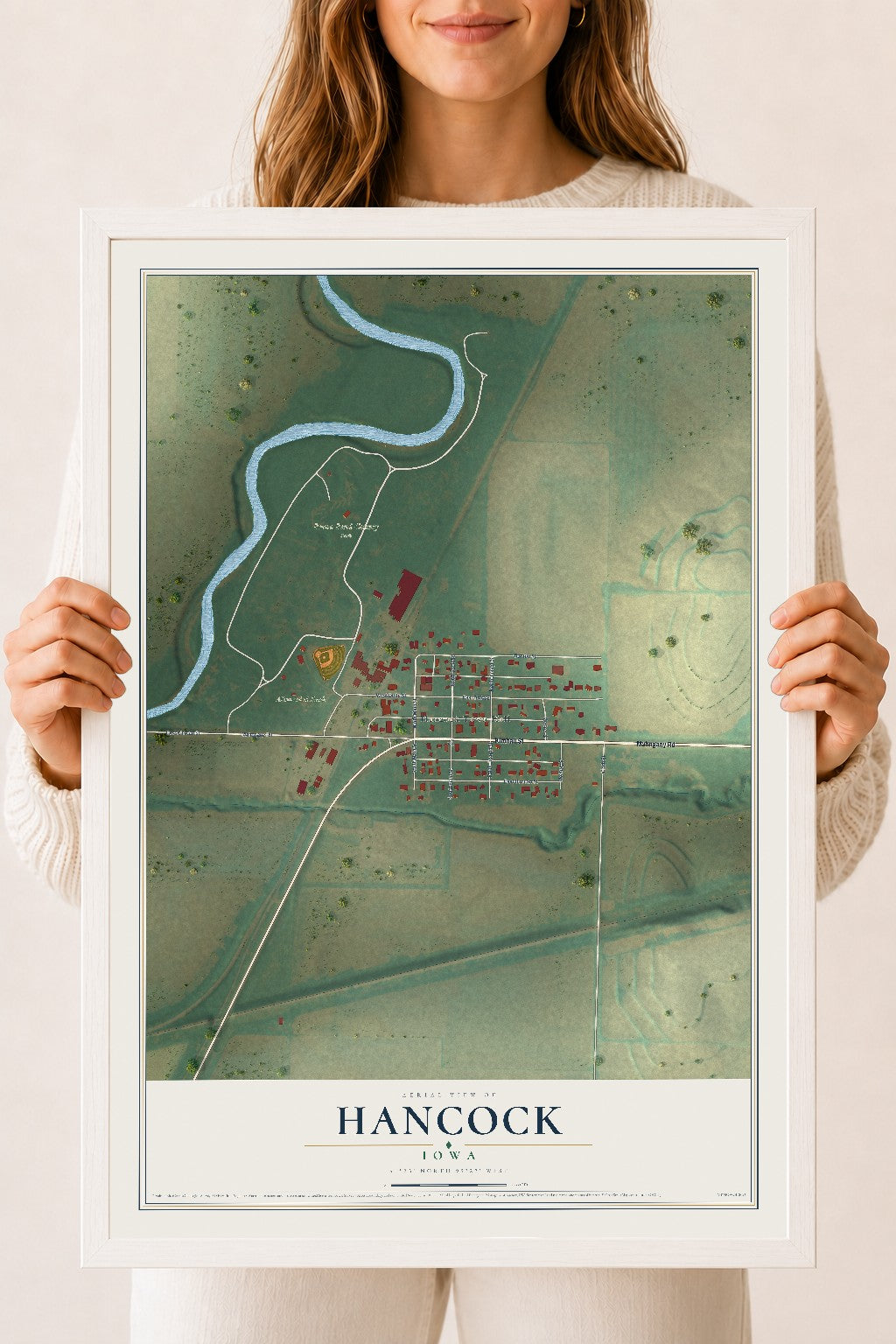 Map of Hancock, Iowa, 18 x 24 inch print in a white wood frame