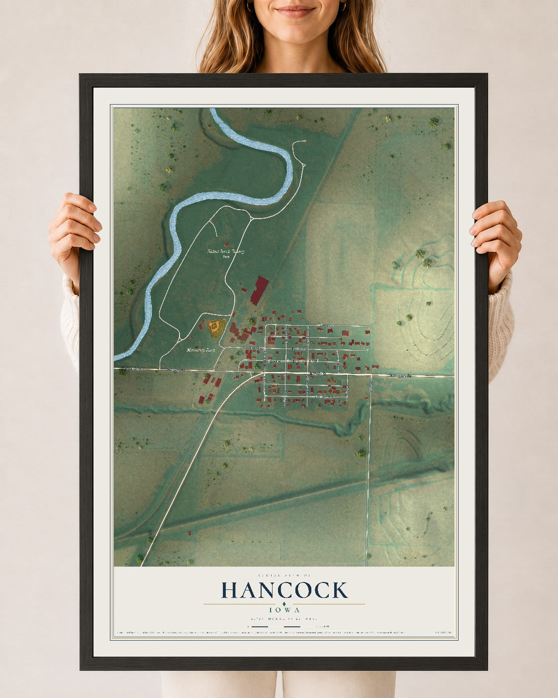 Map of Hancock, Iowa, 24 x 36 inch print in a black wood frame