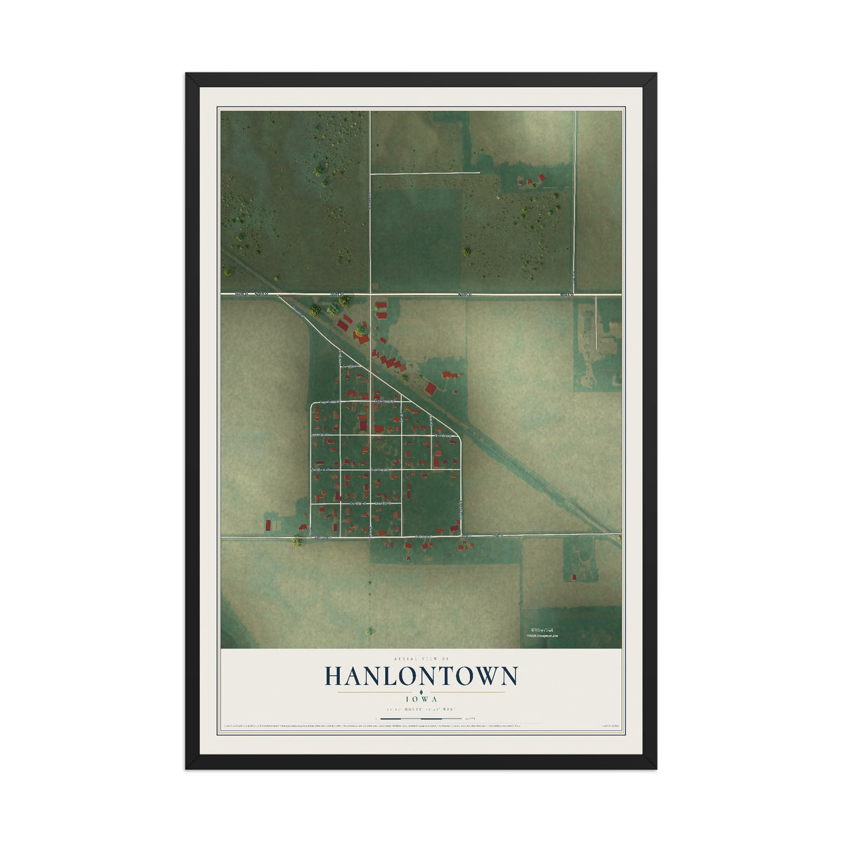 Map of Hanlontown, Iowa, 12 x 18 inch print in a black wood frame