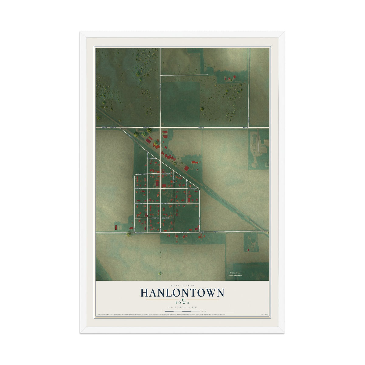 Map of Hanlontown, Iowa, 12 x 18 inch print in a white wood frame