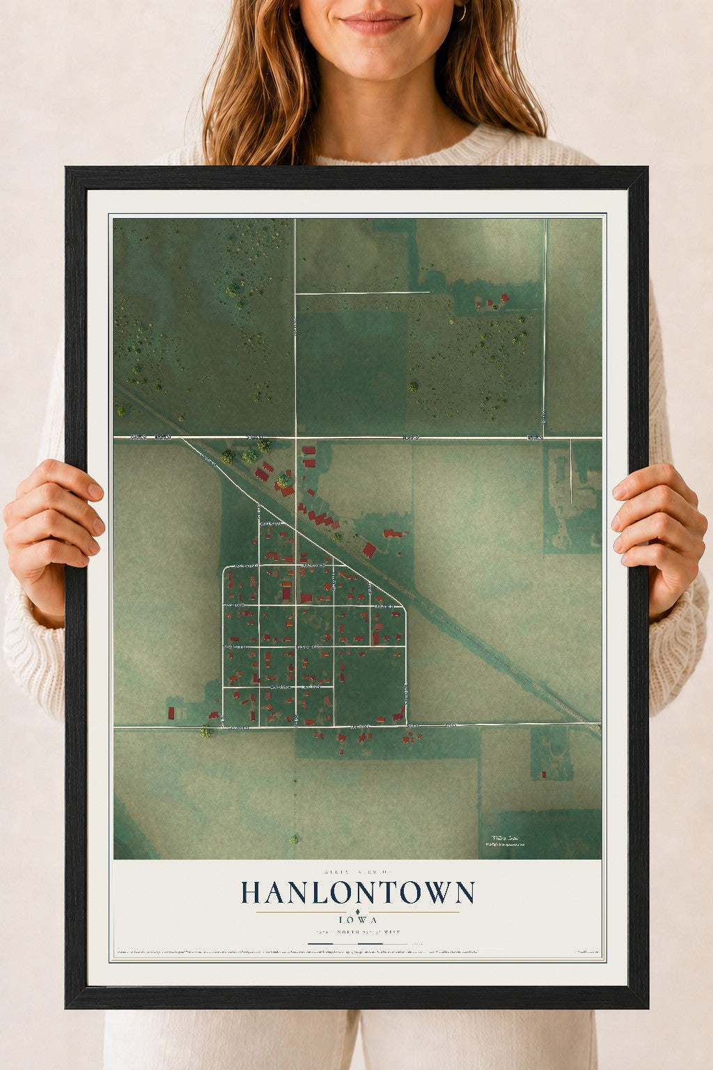 Map of Hanlontown, Iowa, 18 x 24 inch print in a black wood frame
