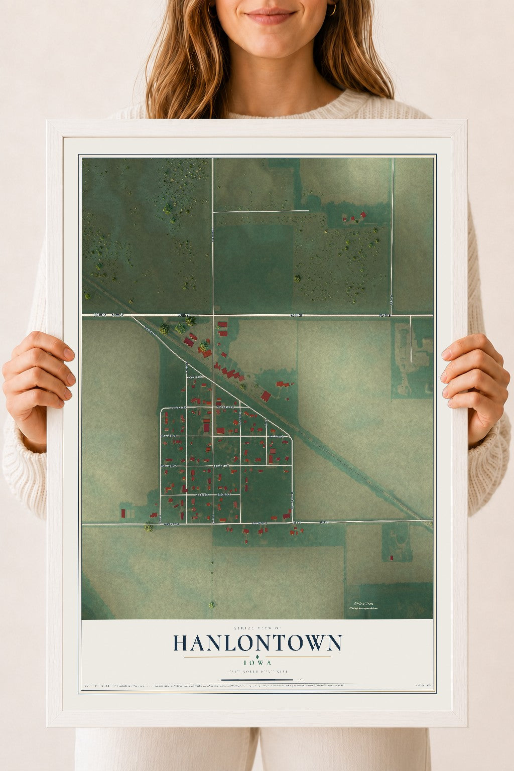 Map of Hanlontown, Iowa, 18 x 24 inch print in a white wood frame