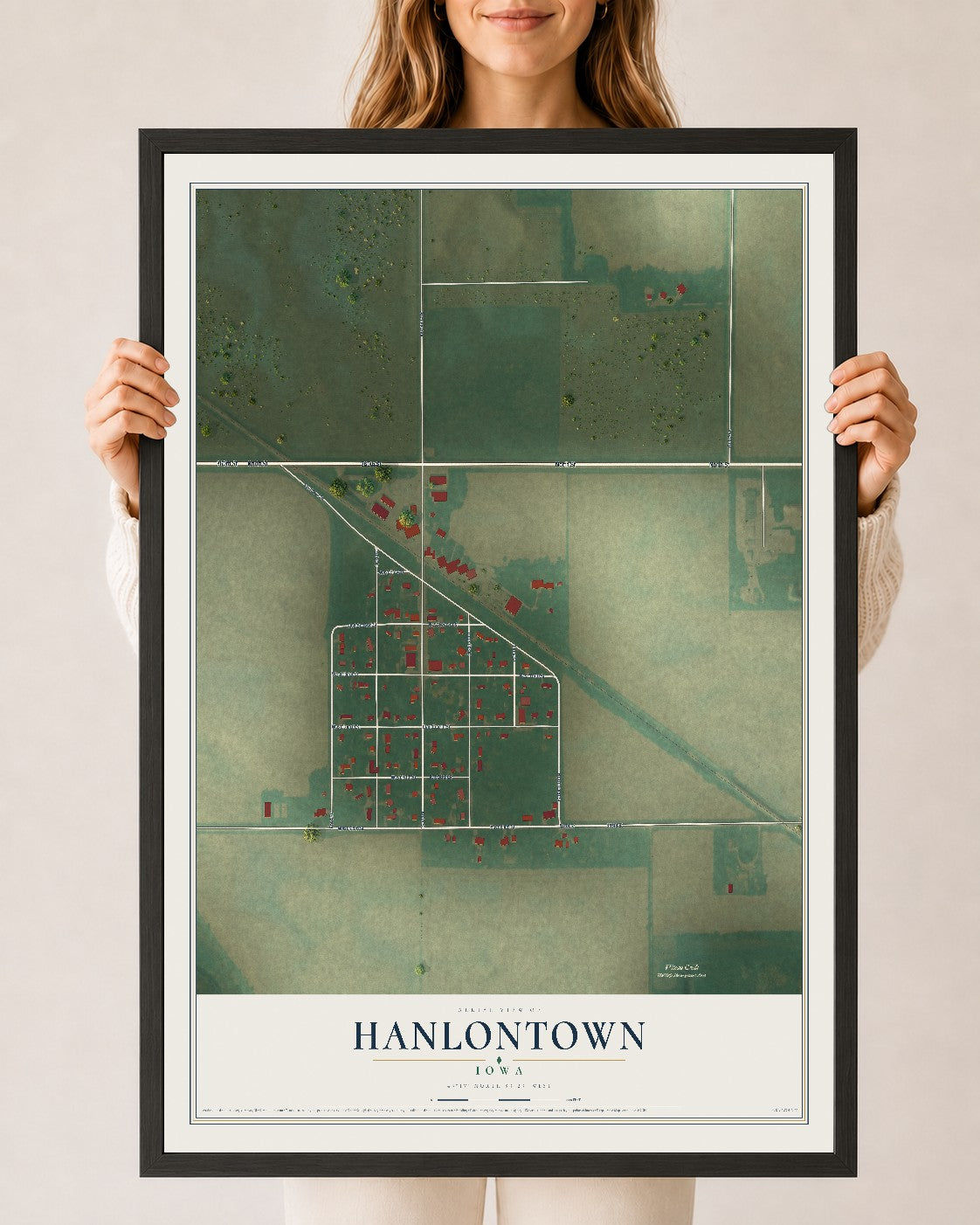 Map of Hanlontown, Iowa, 24 x 36 inch print in a black wood frame