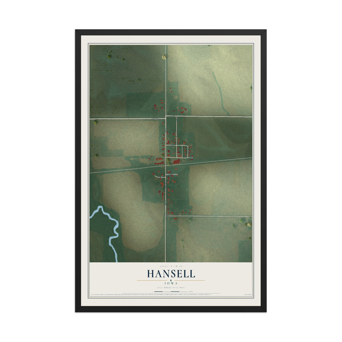 Map of Hansell, Iowa, 12 x 18 inch print in a black wood frame