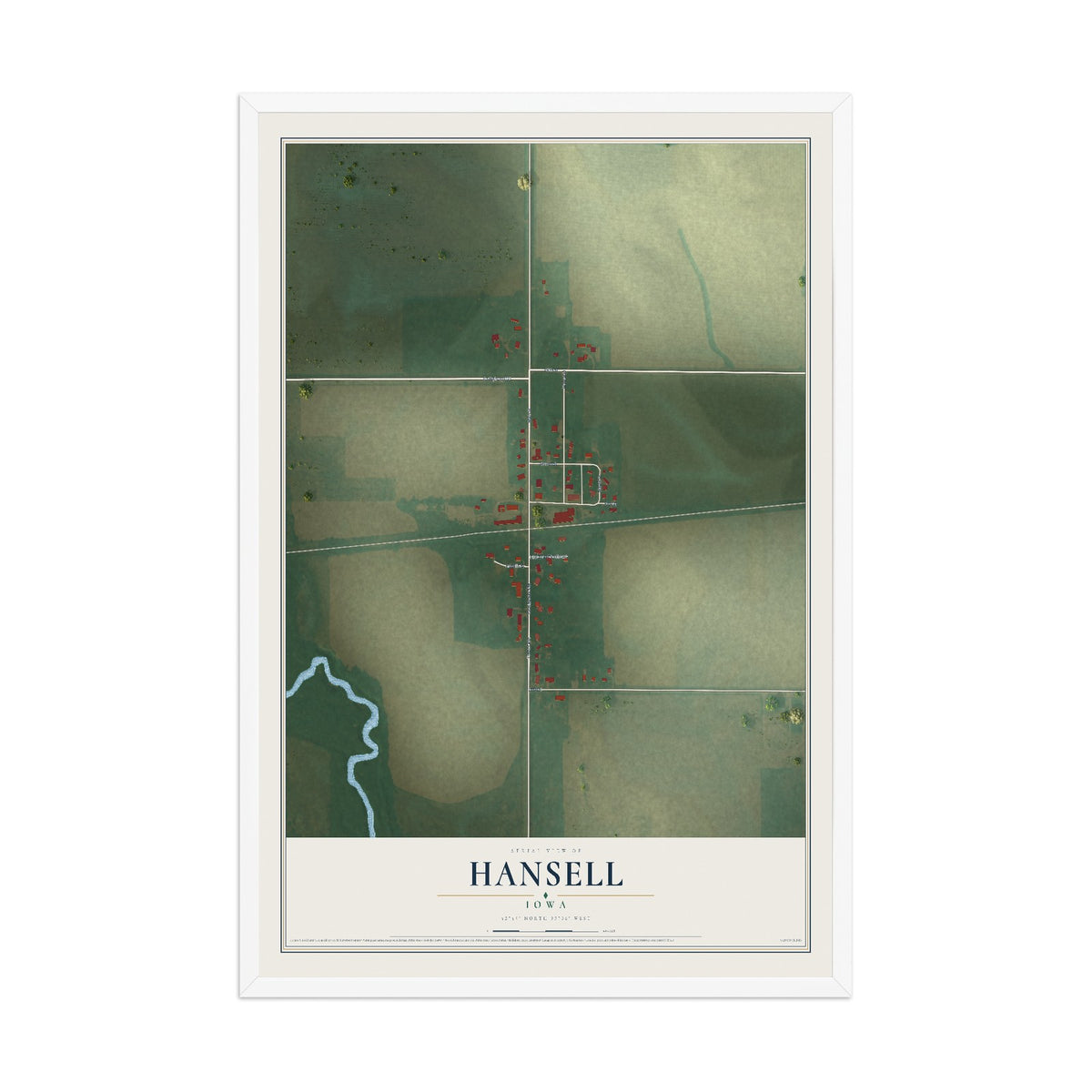 Map of Hansell, Iowa, 12 x 18 inch print in a white wood frame