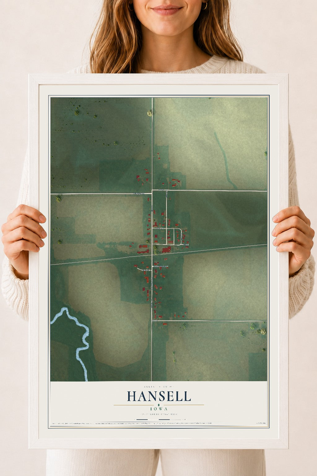 Map of Hansell, Iowa, 18 x 24 inch print in a white wood frame