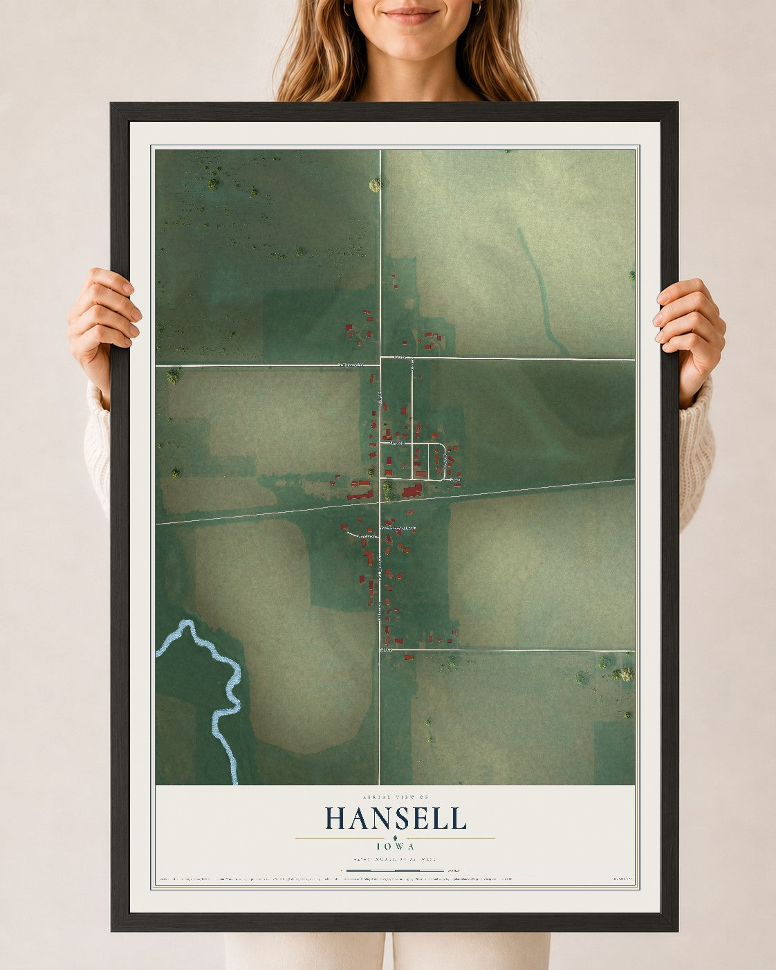 Map of Hansell, Iowa, 24 x 36 inch print in a black wood frame