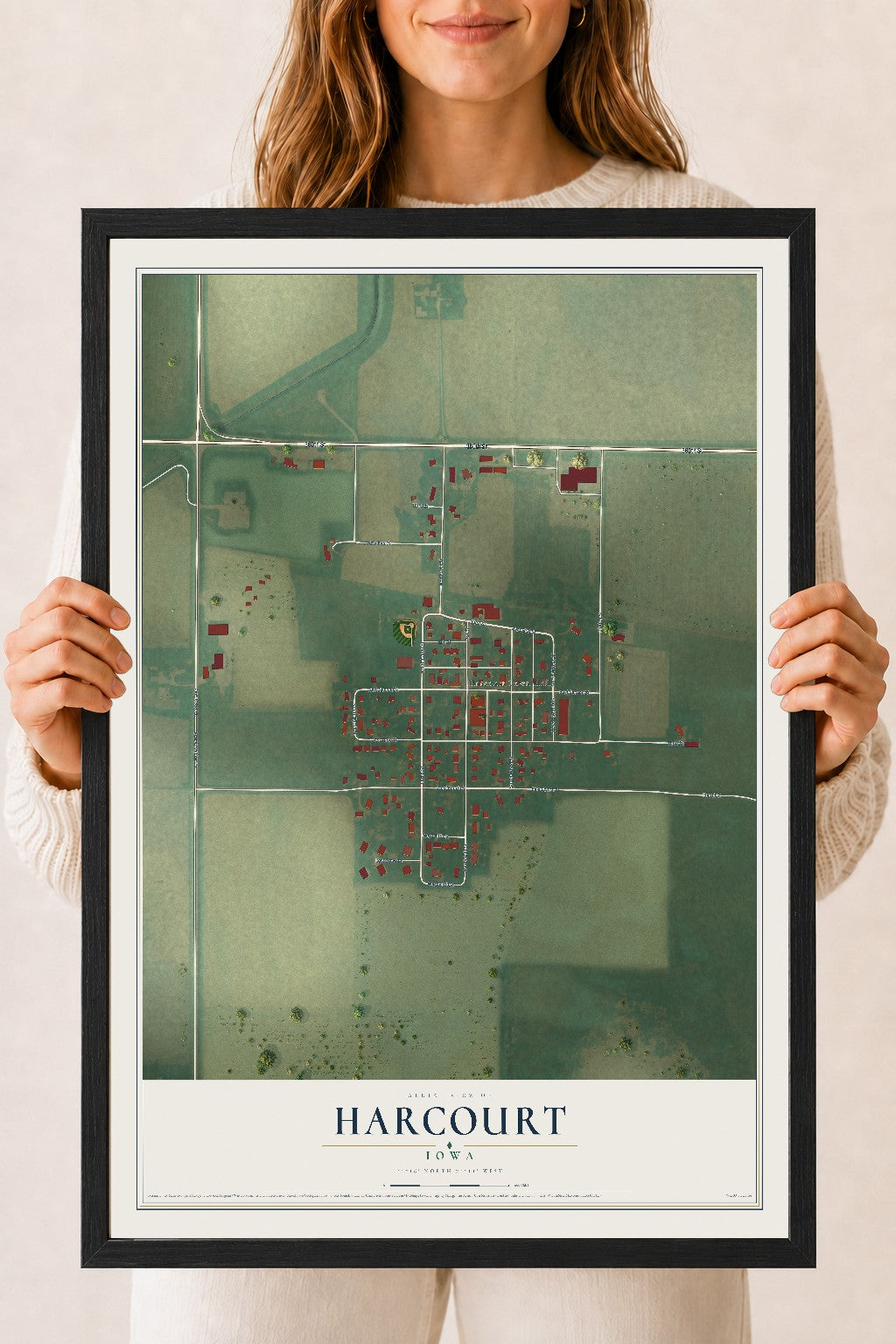 Map of Harcourt, Iowa, 18 x 24 inch print in a black wood frame