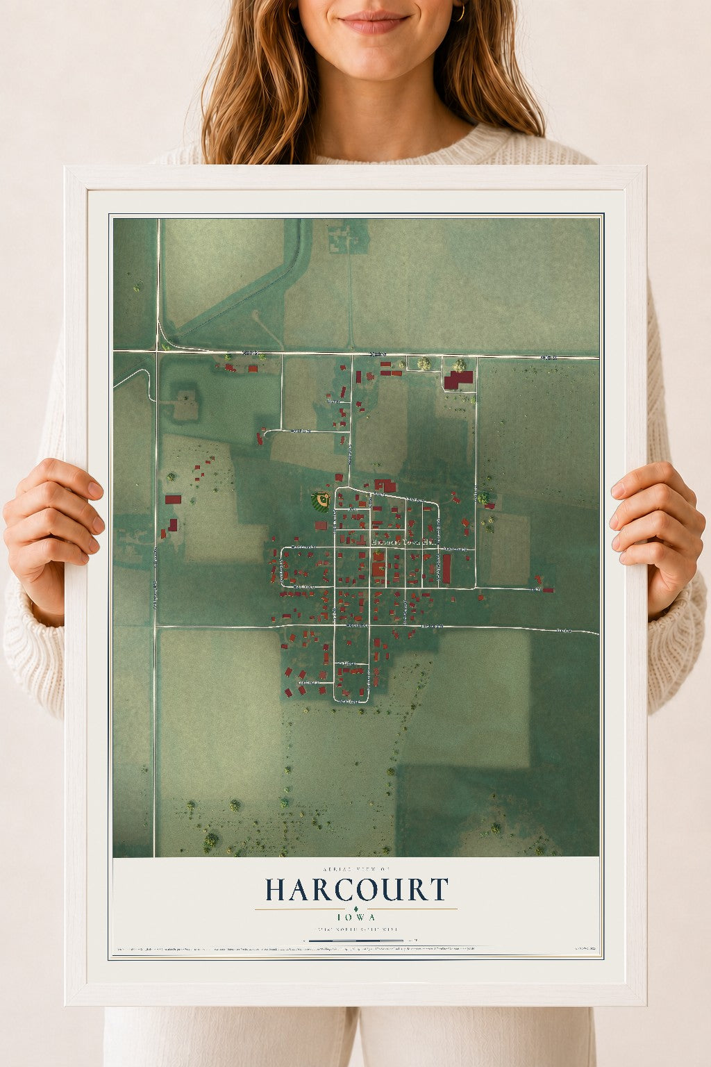 Map of Harcourt, Iowa, 18 x 24 inch print in a white wood frame