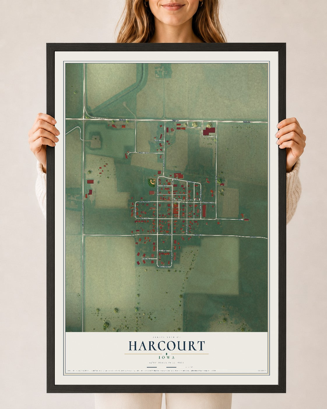 Map of Harcourt, Iowa, 24 x 36 inch print in a black wood frame