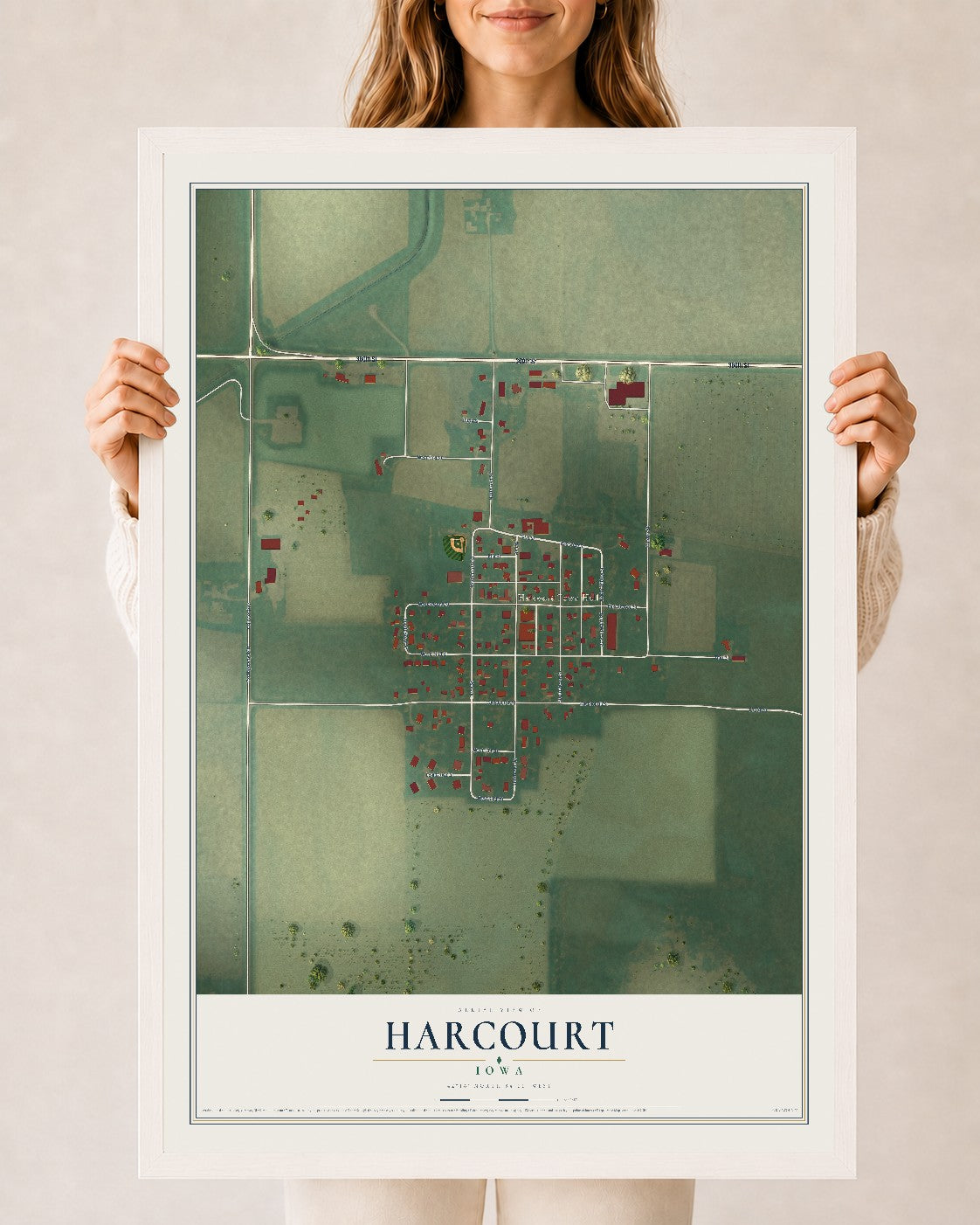 Map of Harcourt, Iowa, 24 x 36 inch print in a white wood frame